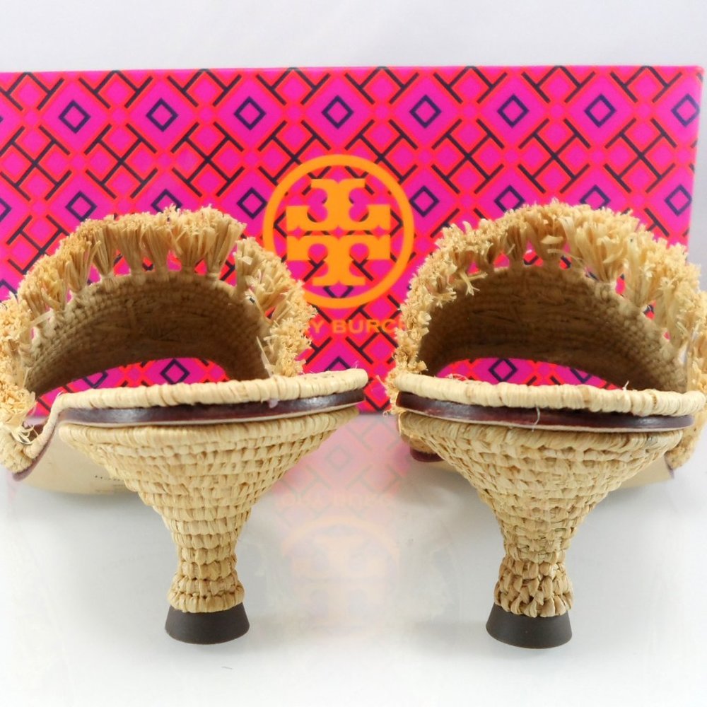 NIB $378 Tory Burch Eleanor Raffia Kitten-Heel Mules Double T Slip On Sandal 6.5 - Picture 9 of 11